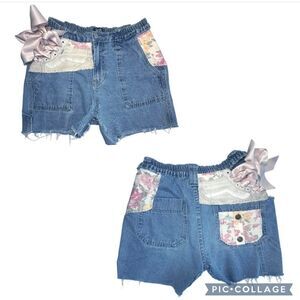 Upcycled Denim Cargo Carpenter Shorts Floral Patchwork Satin Bow Tie Women 27”W
